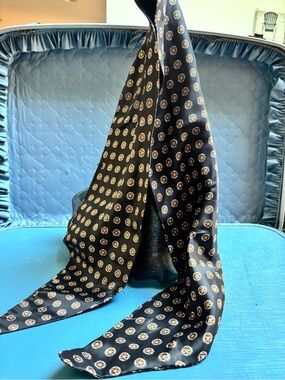 Black Silk Scarf ,neckerchief with Gold and White Medallion navy blue VTG
